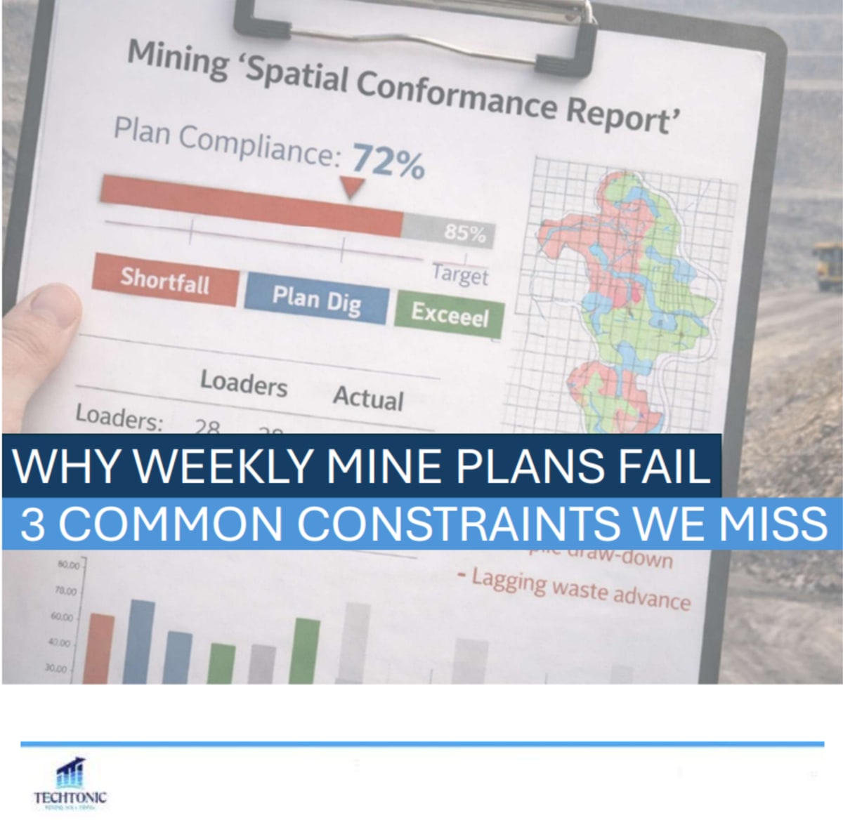 insights-why-weekly-mine-plans-fail A mining spatial conformance report on a clipboard showing 72% plan compliance against an 85% target