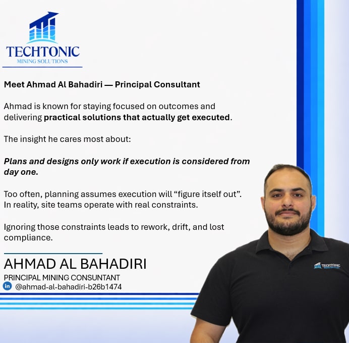 Announcement graphic introducing Ahmad Al Bahadiri, Principal Mining Consultant at Techtonic Mining Solutions