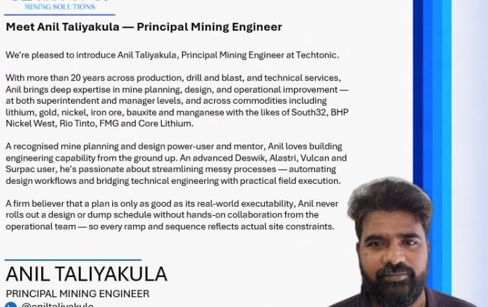 Announcement graphic introducing Anil Taliyakula, Principal Mining Engineer at Techtonic Mining Solutions