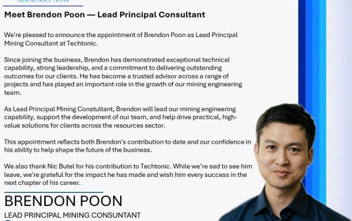 Announcement graphic for the appointment of Brendon Poon as Lead Principal Mining Engineer at Techtonic Mining Solutions